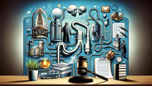 A conceptual illustration representing the theme of 'Navigating Carbon Monoxide Poisoning Claims: A Comprehensive Guide for Victims'. The image depicts a symbolic journey through legal complexities, with visual metaphors like a maze and a roadmap. Elements included are a gavel, legal documents, and symbolic representations of carbon monoxide poisoning like a gas masks and a faulty appliance emitting gas. The background conveys a sense of navigating through a challenging legal landscape, with hints of medical and technical aspects related to carbon monoxide poisoning. The overall tone is informative, serious, and supportive, reflecting the guide's purpose of aiding victims in their legal journey.
