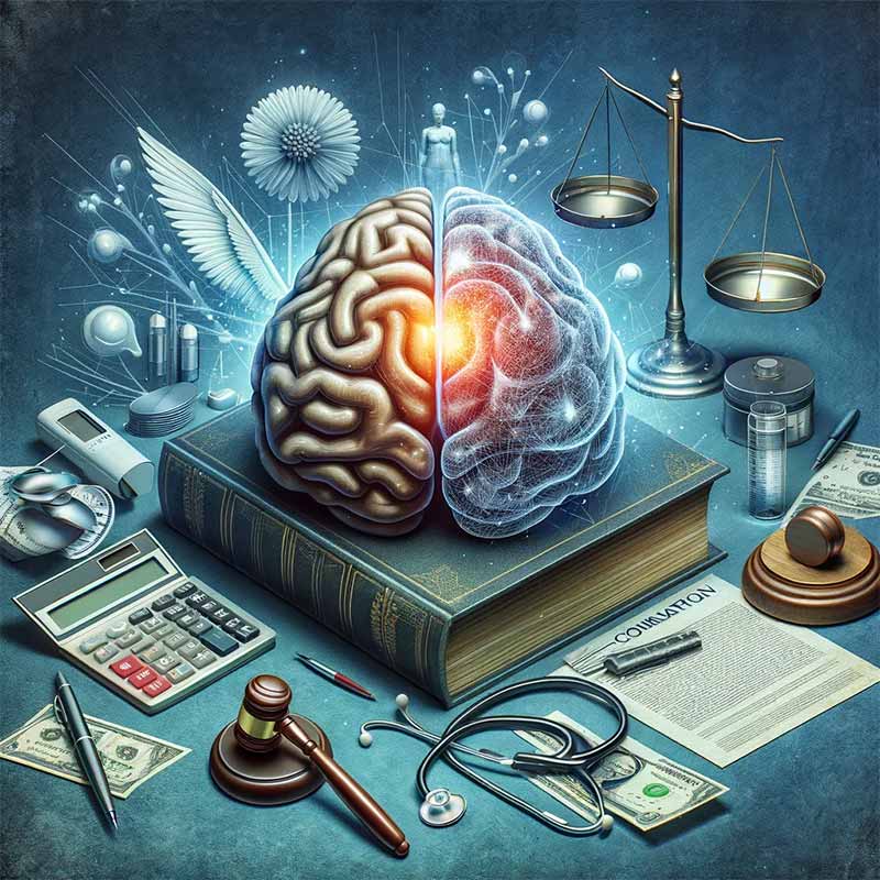 A symbolic and respectful representation of the process of claiming compensation for a traumatic brain injury. The image features a balanced composition with the following elements: 1) A representation of a brain with a subtle highlight to suggest trauma, not graphic but symbolic. 2) Medical documents and a stethoscope, representing the medical attention and documentation needed. 3) Legal books and a gavel, symbolizing the legal process and consultation with specialized attorneys. 4) A calculator and financial documents, indicating the calculation of compensation. 5) An abstract representation of a courtroom or negotiation table to symbolize the settlement or trial phase. The overall tone of the image should be respectful, informative, and convey a sense of guidance and support through the compensation claim process.